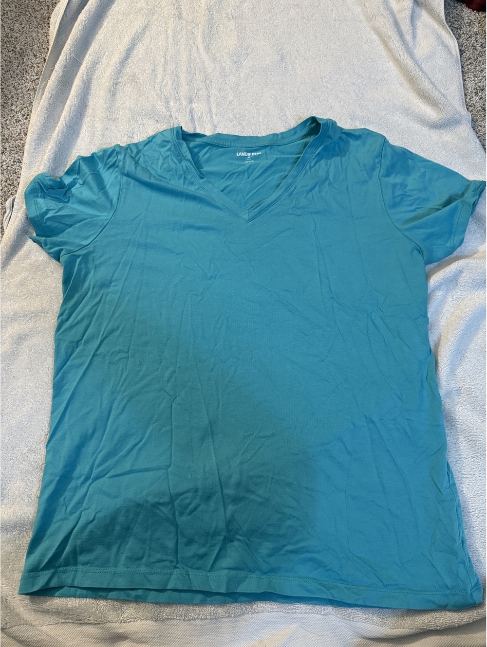 Lands' End Women's Medium Turquoise Cotton V-Neck T-Shirt